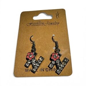 Pink Flower “N” Initial Dangle Earrings